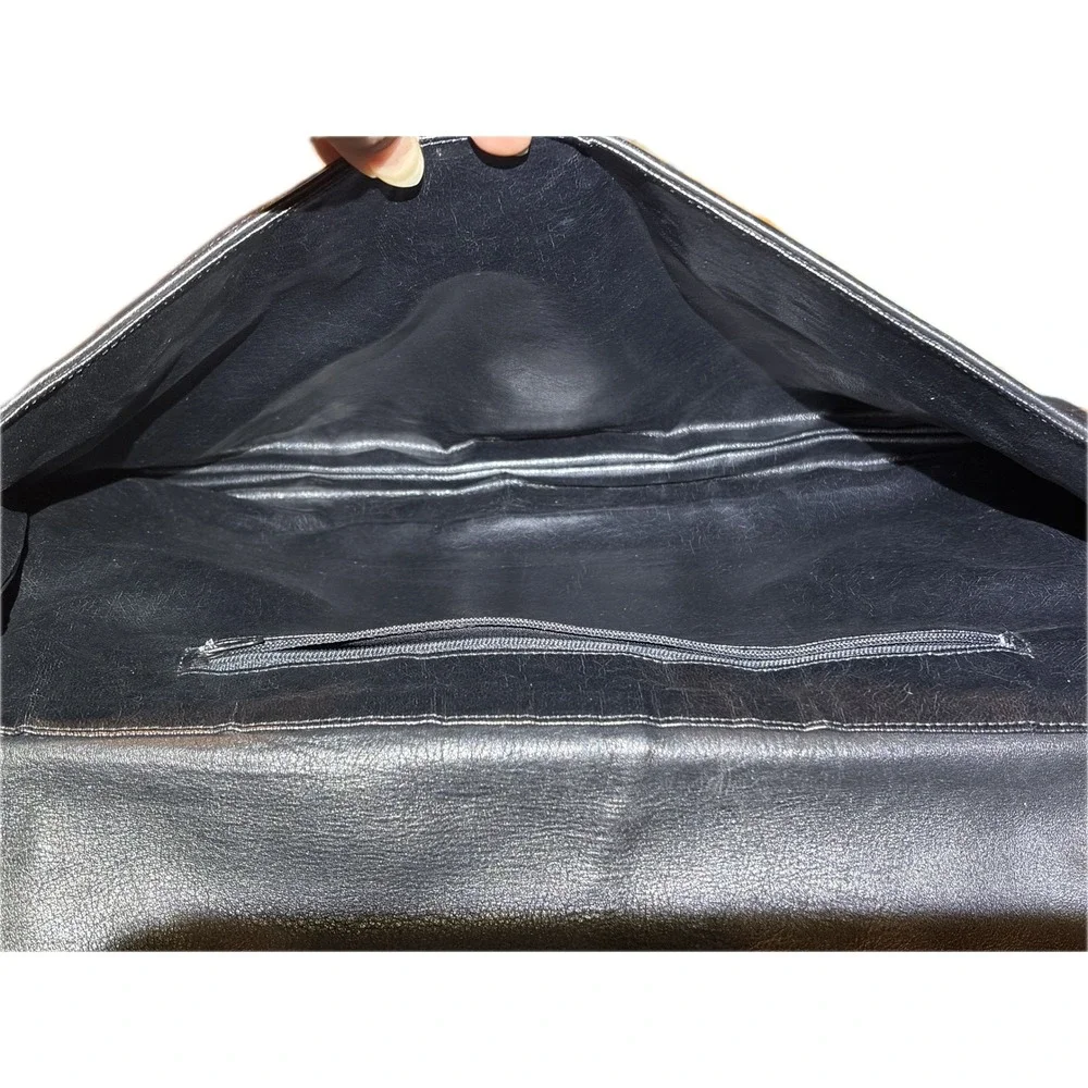 Vtg 80s Black Leather Clutch Bag Oversized Evening Purse Magnetic Snap‎ DMGD